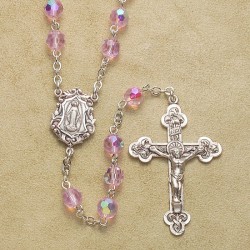 6mm Tin Cut Pink Rosary with Sterling Silver Crucifix & Center - Boxed