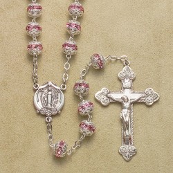 7mm Light Rose Fancy Cap Rosary with Sterling Silver Crucifix & Center - Boxed