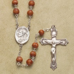 6mm Carved Round Brown Cocoa Rosary with Sterling Crucifix & Center - Boxed