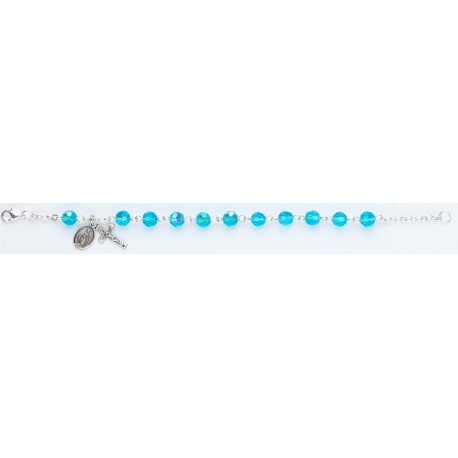 6mm Aqua Rosary Bracelet with Sterling Silver Crucifix & Miraculous - Boxed 
