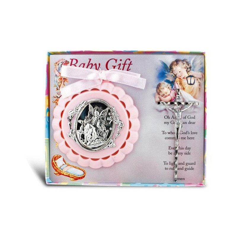 Guardian Angel Pink Moulded Crib Medal in Gift Box for Baby Girl Nursery 3 1/4" 