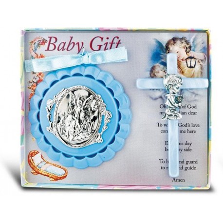 GUARDIAN ANGEL Baby GIRL Crib Cross 4 PEWTER Medal CHRISTENING BABY SHOWER GIFT Baptism KEEPSAKE with PINK RIBBON GIFT BOXED Bless The Child Original Version