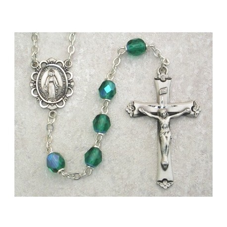 6mm Sterling Silver Emerald/May Rosary