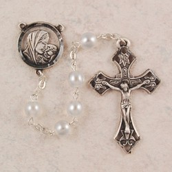7mm White Pearl Glass Sterling Silver Rosary