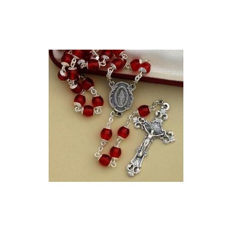 7mm Ruby Rosary with Sterling Silver Crucifix & Center - Boxed