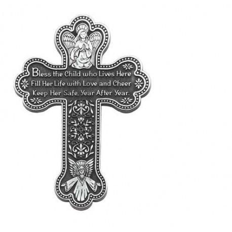 Pewter Wall Cross with Girl Blessing