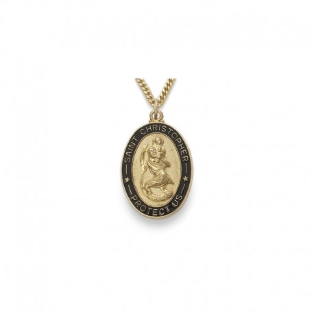 St. Christopher 24K Gold over Sterling Silver Oval Medal Black Edge w/24" Chain