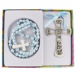 Blue Rosary w/Pewter Boy Cross Crib Medal