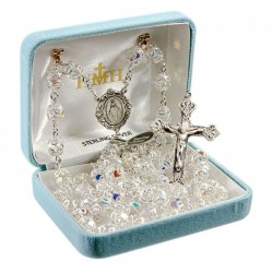 8mm Swarovski Capped Crystal Sterling Silver Rosary - Boxed