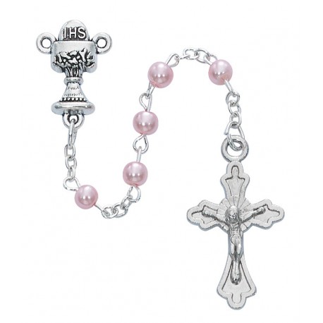 Pink Pearlized 4mm Glass Bead Sterling Silver Miraculous Medal Center Rosary