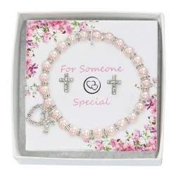 Pink Pearl Bracelet & Crystal Earring Set