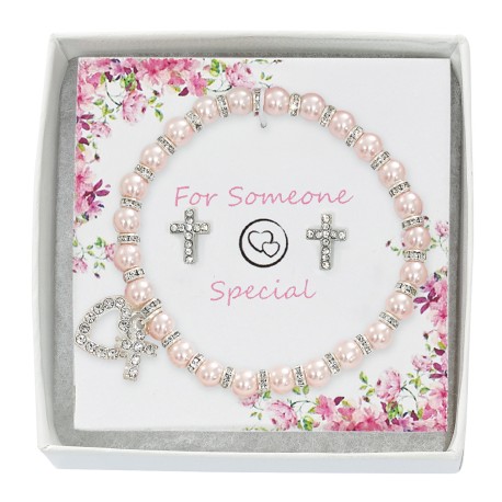 Pink Pearl Bracelet & Crystal Earring Set