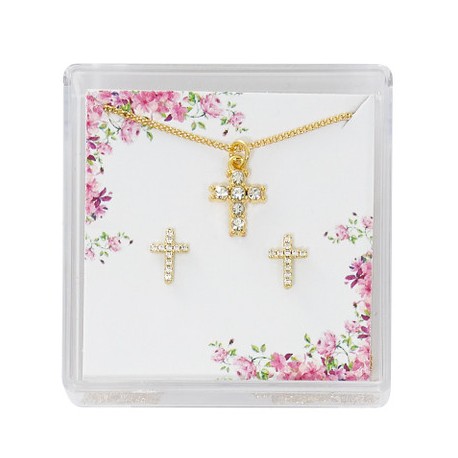 Gold Plated Crystal Cross Earrings & Pendant