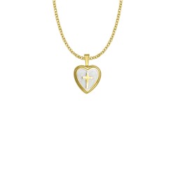 14KT Gold Plated Over Sterling Silver Cross and Mother of Pearl Heart Locket Necklace
