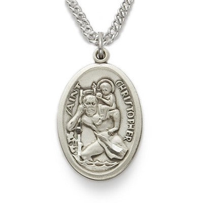 St. Christopher Sterling Silver Large Oval Medal w/20" Chain