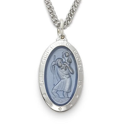 St. Christopher Sterling Silver Large Blue Oval Medal w/24" Chain