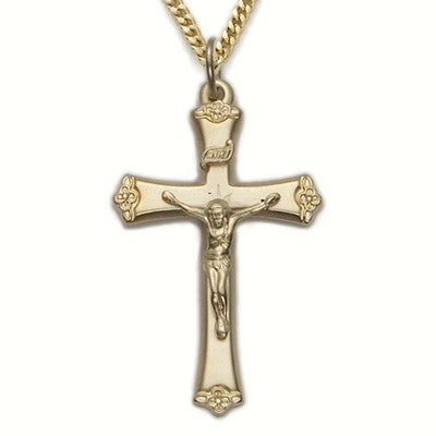 Crucifix 14KT Gold Plated Over Sterling Silver Decorative Budded Ends Necklace     w/24" Chain - Boxed