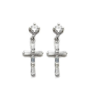 Cross Shaped Sterling Silver CZ Amethyst Earrings