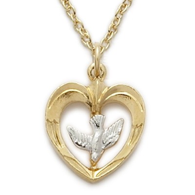 Gold Heart Shaped with Holy Spirit Dove Necklace 14K Gold Filled w/18" Chain - Boxed