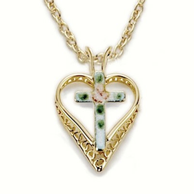 Cross on Heart Shaped 24K Gold Over Sterling Silver Necklace w/ 18" Chain - Boxed