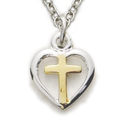 Gold Cross on Heart Sterling Silver Necklace w/18" Chain - Boxed