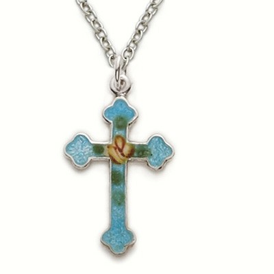 Blue Colored Cross Sterling Silver Necklace w/18" Chain - Boxed