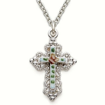 Cross on Jeweled Back Sterling Silver Necklace w/18" Chain - Boxed