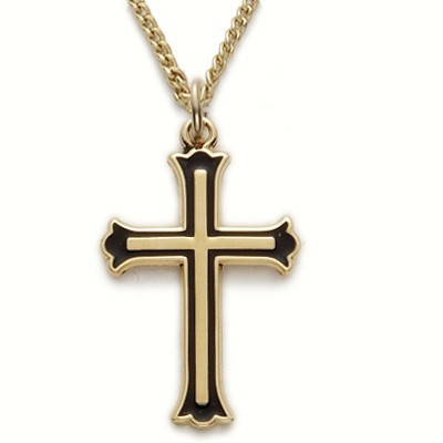 Gold & Black Cross 24K Gold Over Sterling Silver Necklace w/18" Chain - Boxed