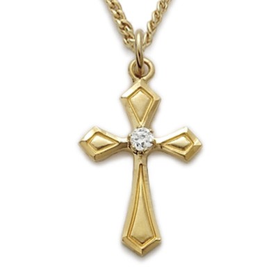 CZ Jewel Cross 24K Gold Over Sterling Silver Crystal Necklace w/18" Chain - Boxed