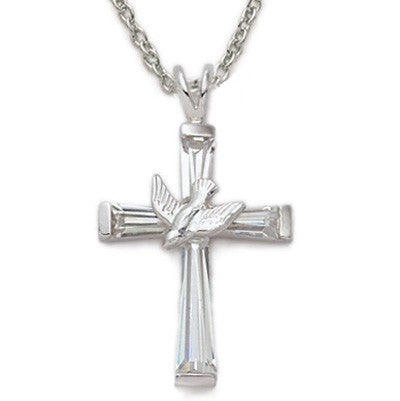 Silver Holy Spirit Dove on Cross Sterling Silver Crystal Necklace w/18" Chain - Boxed