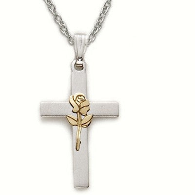 Rose Centered Cross Sterling Silver Necklace