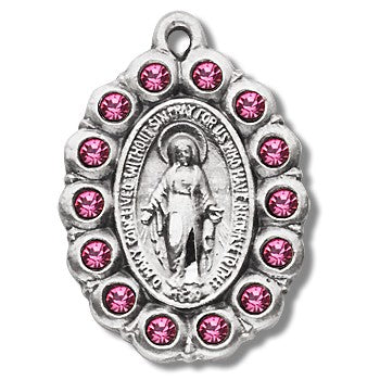 Sterling Silver Oval Miraculous with Pink Stones w/18" Chain - Boxed