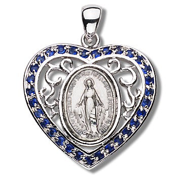 Hand Set Blue Cubic Zirconia on Fancy Sterling Miraculous Heart w/18" Chain - Boxed