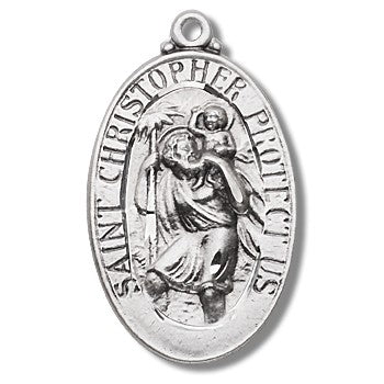 St. Christopher Sterling Silver Oval Medal w/24" Chain - Boxed