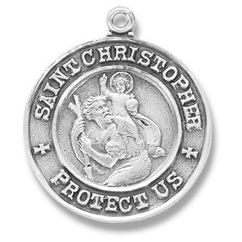 St. Christopher Sterling Silver Round Medal w/24" Chain - Boxed