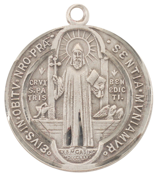 St. Benedict Sterling Silver Large Round w/24" Chain - Boxed