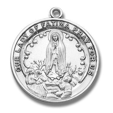 Sterling Silver Large Round Our Lady of Fatima Pray for Us w/24" Chain - Boxed