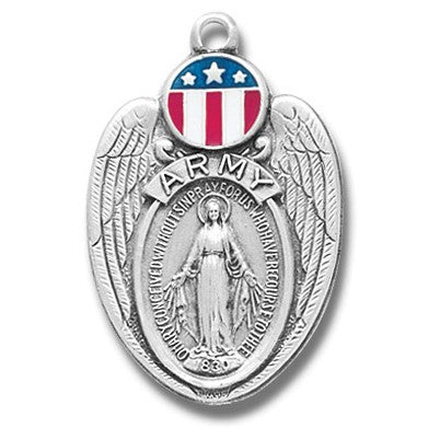 Army Sterling Silver Round Shield Miraculous with Red, Wht, and Blue w/24" Chain - Boxed