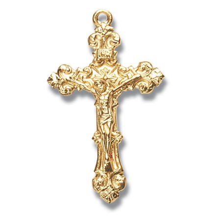 Gold Over Sterling Silver Medium Crucifix Baroque Edge w/18" Chain - Boxed