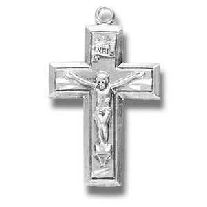 Sterling Silver Small Wide Crucifix with Border w/18"Chain - Boxed