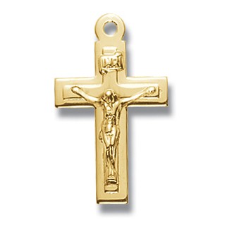 Gold Over Sterling Silver Small Plain Crucifix with Raised Center w/18" Chain - Boxed