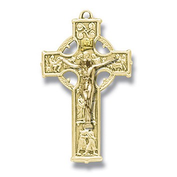 Gold Over Sterling Silver Small Celtic Crucifix w/18" Chain - Boxed