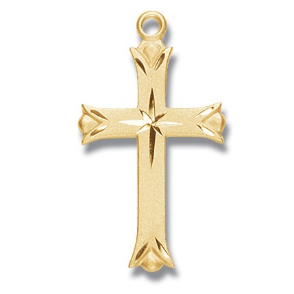 Gold Over Sterling Silver Large Etched Cross with Star w/18" Chain - Boxed