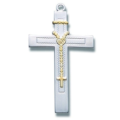 Sterling Silver Large Two Tone Rosary Bead Cross w/18" Chain - Boxed