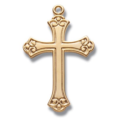 Gold Over Sterling Silver Medium Fancy Black Etched Enameled Cross w/18" Chain - Boxed