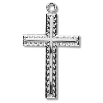 Sterling Silver Medium Fancy Etched Cross with Inlay w/18" Chain - Boxed