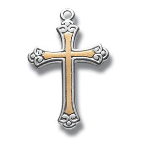 Sterling Silver Small Fancy Two Tone Cross w/18" Chain - Boxed