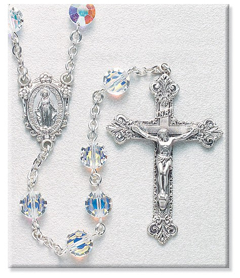 8mm Swarovski Semi Flat Crystal Sterling Silver Rosary - Boxed