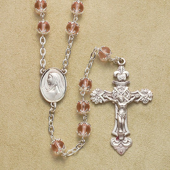 6mm Pink Capped Rosary with Sterling Silver Crucifix & Center - Boxed