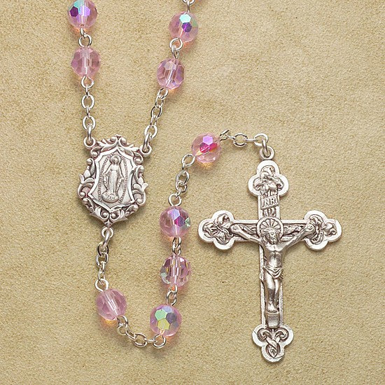 6mm Tin Cut Pink Rosary with Sterling Silver Crucifix & Center - Boxed